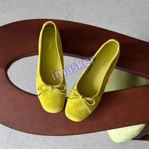 Zapatos planos suaves de ballet sin cordones de cuero de gamuza real para mujer con moño y punta cuadrada nuevos - Imagen 1 de 36