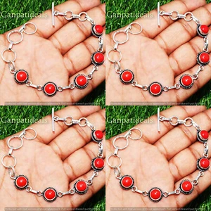 BULK LOT ! Red Coral 5 Stone Bracelets 10pc Wholesale Lot 925 Silver Plated - Picture 1 of 3
