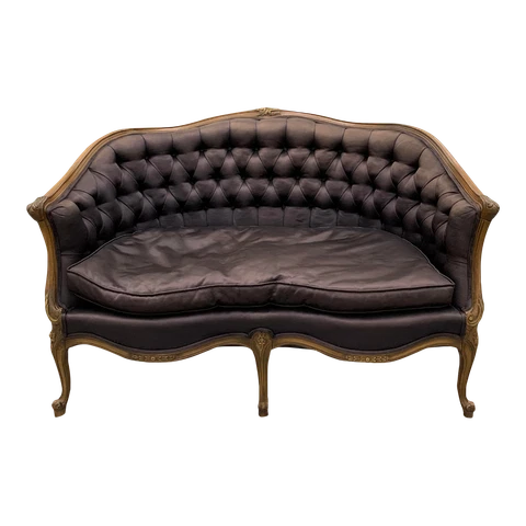 Vintage 1960s Chocolate French Provincial Tufted Down Settee Loveseat Silk Sofa Cover