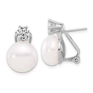 Sterling Silver 12mm Freshwater Cultured Pearl and CZ Omega Back Stud Earrings - Picture 1 of 4