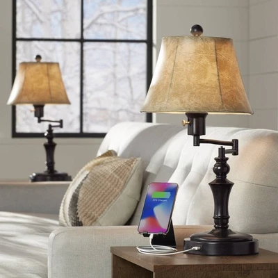 Juego de 2 lámparas de mesa de escritorio tradicionales con brazo oscilante con puerto USB bronce para dormitorio Foto 1 de 4