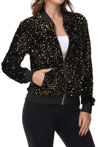 Women's Sparkly Sequin Jacket Zipper Long Sleeve Glitter Sequin Bomber - Picture 1 of 32