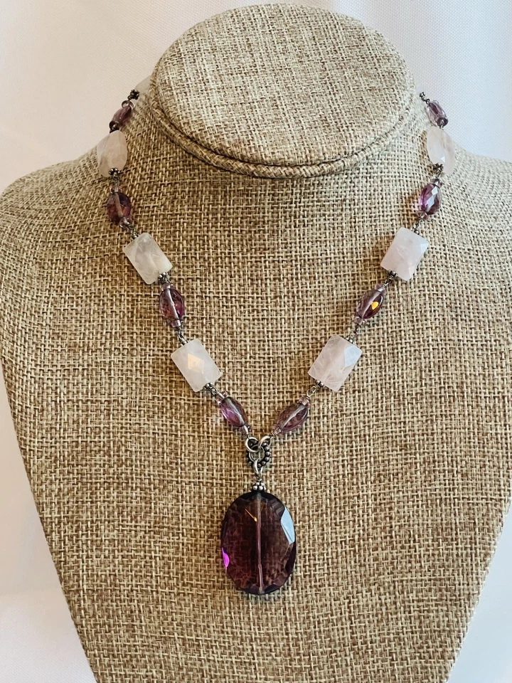 Colar pingente de contas de ametista esterlina e quartzo rosa 0,925 16"" - Imagem 1 de 4