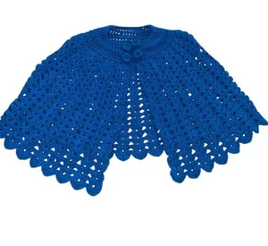 Vintage Handmade Crochet Triangle Shawl Cape Blue Buttons Grannycore Shrug Small - Picture 1 of 3