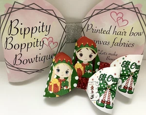 3D ELF CREW CHRISTMAS 4 INCH PRINTED CANVAS FABRIC BOW LOOPS MAKE OWN HAIR BOWS - Picture 1 of 4