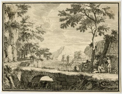 Raro Antiguo Maestro Impresión-PAISAJE-ARCADIANO-PUENTE-Dubourg-ca. 1730 Foto 1 de 2