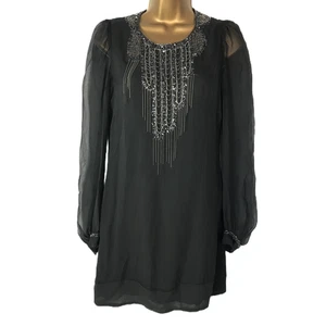 French Connection Silk Tunic Top Ladies Size 10 Grey Beaded Long Sleeve Party - Picture 1 of 9