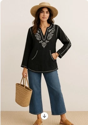 Top túnica Monoreno negro bordado boho algodón con capucha M Foto 1 de 4