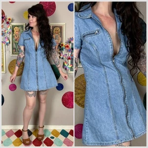 Vintage 1990s Light Wash Denim Short Sleeve Zipper Front Minidress | 30" Waist - Picture 1 of 6