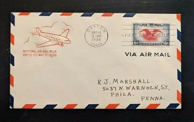 1938 Dayton Ohio National Airmail Week FDC Airmail Cover to Philadelphia PA - Image 1 of 2