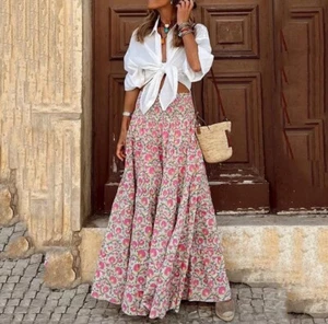 ❀Womens Boho Pink Floral Long Maxi Skirt Ladies High Waist Beach Size XL - Picture 1 of 6