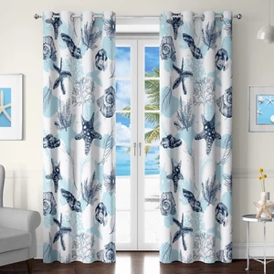 Coastal Nautical Curtains Blue and White Beach Sea Starfish Seashell 50% Light B - Picture 1 of 7