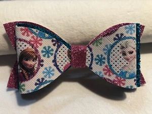 FROZEN, ELSA AND ANNA 3 LAYERED HAIR BOW. PINK, TEEL AND WHITE. 4.5" X 2.25" - Picture 1 of 3