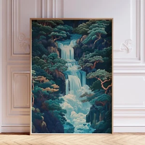 Green and Blue Waterfall Japandi Wall Art Print - Picture 1 of 6