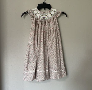 LIL Cactus Dress Girls 5 Y Beige Pink Floral Smocked Birds Sleeveless Cottage - Picture 1 of 7