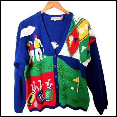 Cárdigan Suéter Vintage Lauren Hansen Tejido Azul Golf Golf M Mediano Mujer Foto 1 de 4