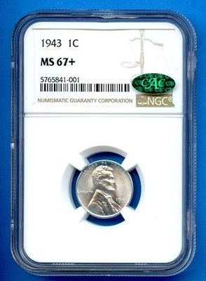 1943 P NGC MS67+ Lincoln Steel Cent 1c US Mint Wheat Penny 1943-P MS-67 Plus CAC - Image 1 of 3