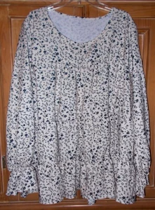 WOMENS SIZE 5XL FITS LIKE 3X IVORY BLUE FLORAL LONG SLEEVE CHIFFON RUFFLED TUNIC - Picture 1 of 2