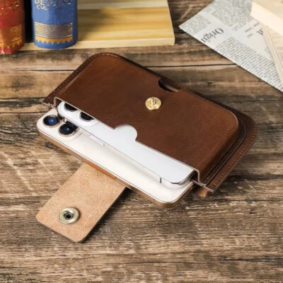 Genuine Leather Men Phone Holster Waist Pack Belt Clip Bag For iPhone 17 Samsung - Image 1 of 4