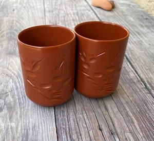 2 JAPAN TEA CUP CHAWAN RIBBED &ETCHED YUNOMI STONEWARE REDWARE RED CLAY POTTERY - Picture 1 of 11