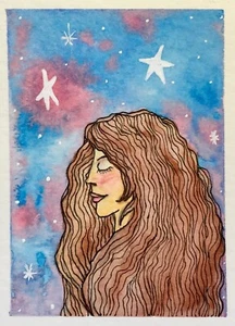 SEArts Peace Joy ORIGINAL Abstracto Estrellas Cielo Fuerte Mujer Niña Acuarela ATC - Imagen 1 de 3