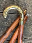Vintage Antique Brass Umbrella Handle Brown 3 Foldable Wooden Walking Stick Cane
