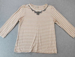 J Crew Shirt Tan/White Striped Embellished Neck Striped Long Sleeve Womens M - Picture 1 of 9