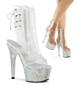 PLEASER BEJEWELED-1018DM-7 Women's 7" Heel Platform Open Toe Ankle W/RS Boots - Picture 1 of 6