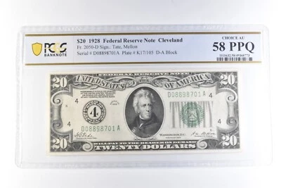 1928 $20 Cleveland OH FRN Fr#2050-D Choice AU 58 PPQ PCGS *6056 - Image 1 of 3