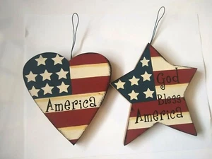 Americana USA  5" Wood God Bless America Star  America Heart  Individual or Set - Picture 1 of 6