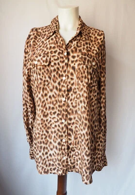 Blusa Lucky Brand 100% seda botão frontal bolsos colarinho estampa leopardo G - Imagem 1 de 4