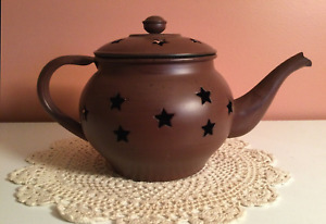 Rustic Metal Tealight Teapot - Primitive Country - Cutout Stars - Candle Holder