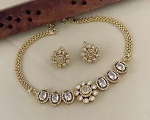 Set gioielli collana girocollo zirconi stile indiano Bollywood placcato oro - Foto 1 di 8