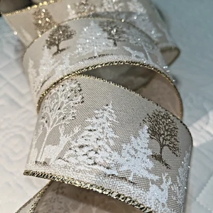 2.5"x5yds Cream Gold White Glittered Trees Reindeers Wired Edge Ribbon New - Picture 1 of 4