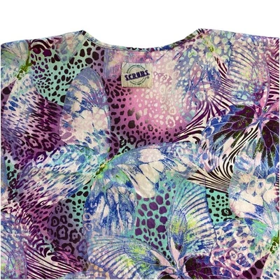S.C.R.U.B.S. Scrub Top Size XL Blue Purple Abstract Zebra Butterfly Print - Image 1 of 4