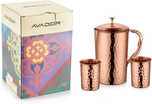 Handgefertigter 100% reines Kupfer Krug Krug mit 2 Glas Trinkgeschirr gehämmert Oberfläche - Bild 1 von 12