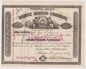 Certificado de acciones de Quincy Mining Company of Michigan 1877 Boston - Imagen 1 de 1