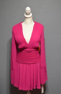IEENA for Mac Duggal Sz 0 Pink Pleated Bell Chiffon Long Sleeves Mini Dress - Picture 1 of 6