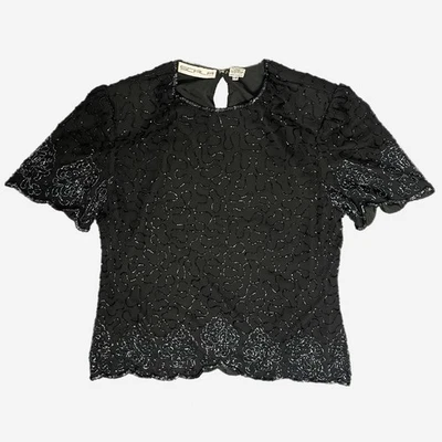 Винтажный Scala черный шелк короткий рукав бисером украшенный верхний праздник вечеринки L/XL - Изображение 1 из 4