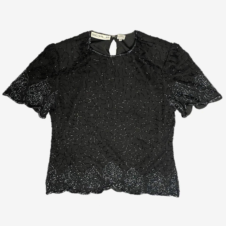 Top vintage Scala negro seda manga corta cuentas adornado fiesta L/XL Foto 1 de 4
