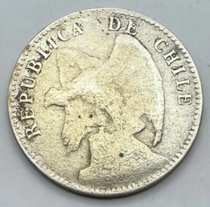 1908 Silver .400 Chile Veinte 20 Centavos - Chilean Silver Coin - Free Shipping - Picture 1 of 4