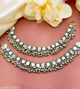 Espejo Cuadrado Diseñador Plata Payal Tobillera Joyería Afghani Kundan Tobillera Para Ella - Imagen 1 de 3