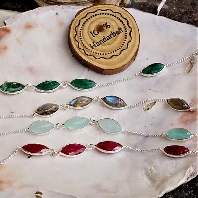 Schlicht 925er Silber Armband 18 - 21 cm Rubin Rot Smaragd Grün Saphir Blau Rund - Bild 1 von 3