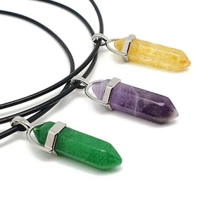 Natural Hexagon Gemstone Necklace Leather Cord Crystal Chakra Pendant Handmade - Picture 1 of 228