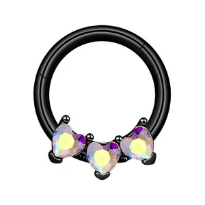 16G Black Septum Clicker Colorful CZ Nose Hoop Hinged Segment Ring Ear Cartilage - Picture 1 of 9