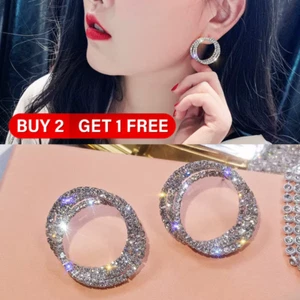 Sterling Silver Circle Hoop Earrings Crystal Fashion Women Wedding Jewelry Gifts - Picture 1 of 7