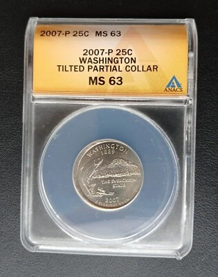 2007 P WASHINGTON State Tilted Partial Collar Error Quarter ANACS MS63 - Image 1 of 2