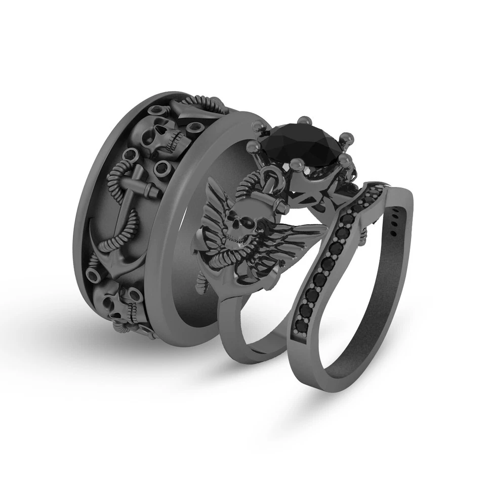 Anillo de compromiso con calavera alada ancla calavera alianza de boda pareja conjunto de 3 piezas plata 925 Foto 1 de 1