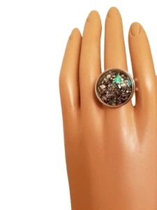 Black Opal Resin Ring in Silvery Fire in Stainless Steel 20mm Adjustable Setting - Picture 1 of 2