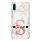 Personalised Initial Phone Case For Honor/Huawei Pink Floral Marble Hard Cover
